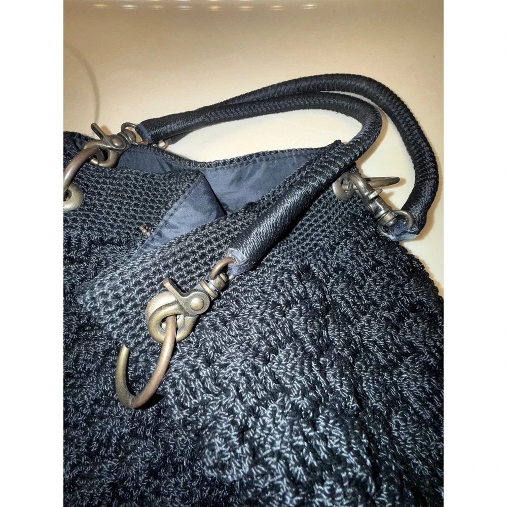 THE SAK Vintage Womens Black Woven Crochet Hobo Bag Purse Handbag